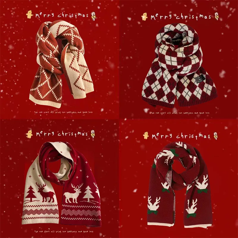 Christmas Red Knitted Scarf Women's Winter New Korean Edition Versatile New Year Check Neck Couple Warm Shawl