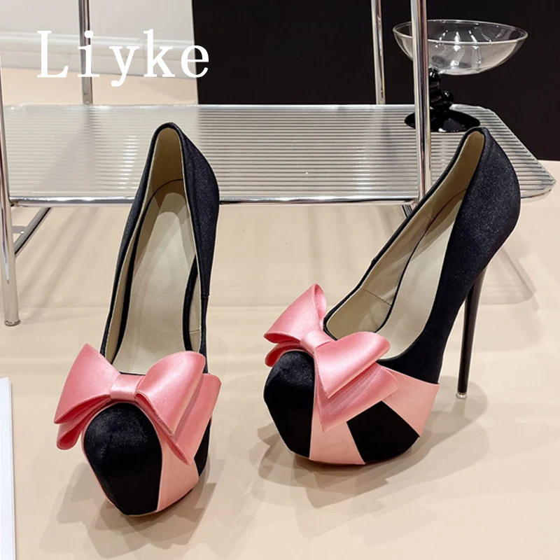 Liyke Sexy Fetish Stripper High Heels Pole Dance Shoes Spring Fashion Pink Silk Bowknot Round Toe Stiletto Women Platform Pumps