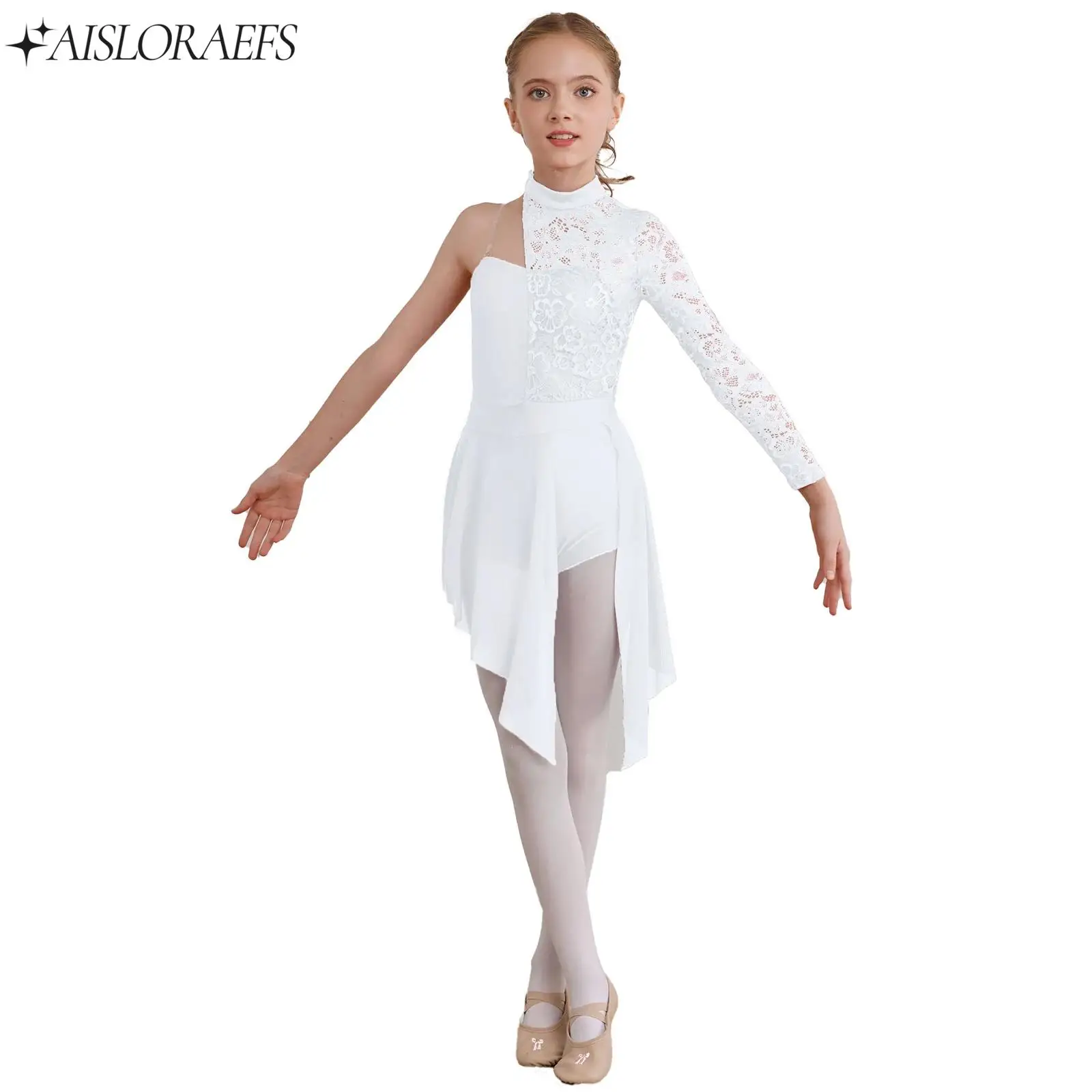 

Leotard Gymnastics Girl Asymmetrical Long Sleeve Ballet Lyrical Dance Dress Figure Skating Leotard Dress Dancewear