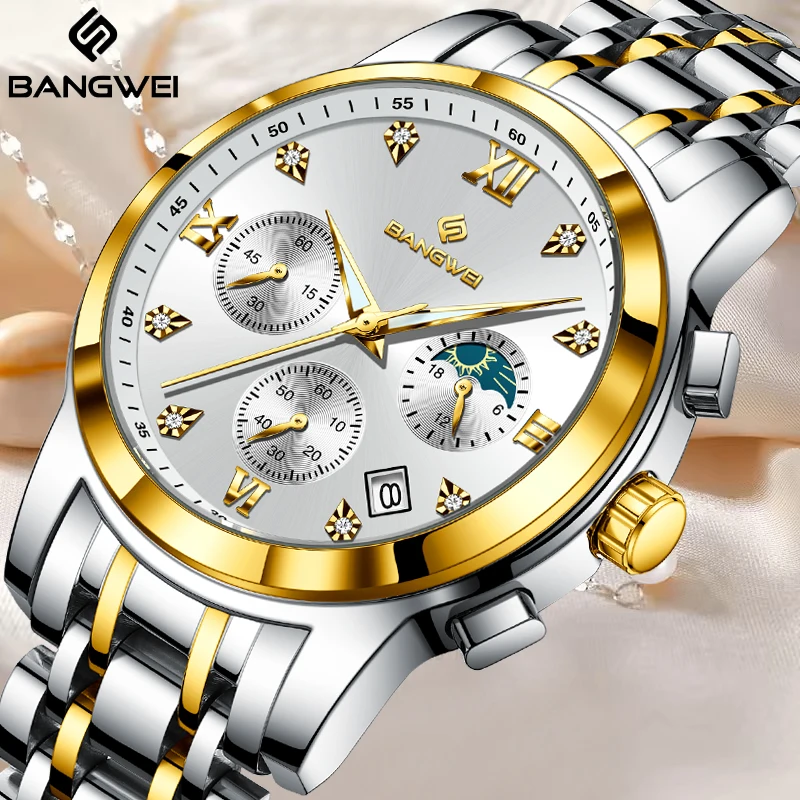 

BANGWEI Ladies Quartz Watches Round Stainless Steel Diamond Watch For Women Waterproof Luminous Chronograph Clock Women's Gift