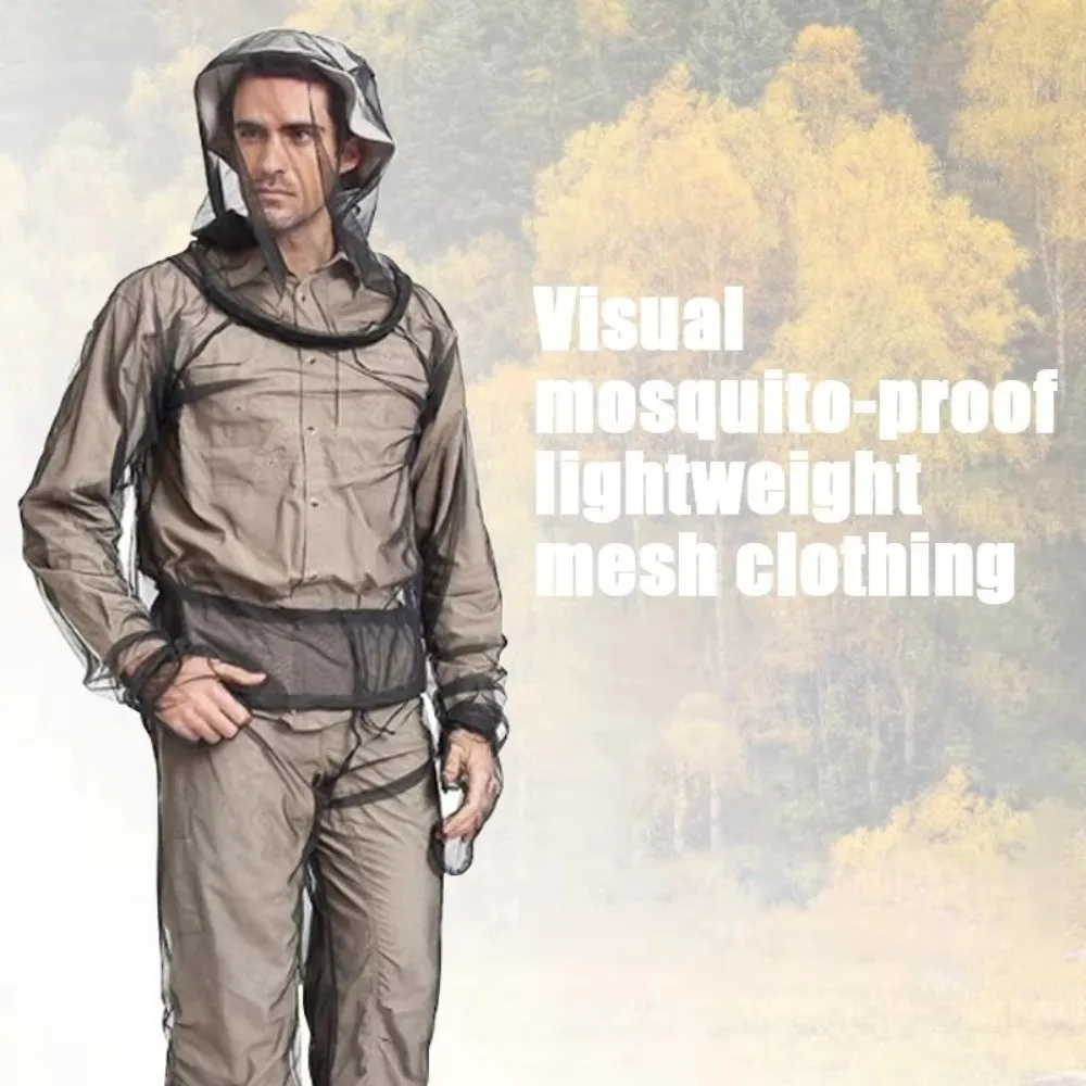 Mesh Material Mosquito-Proof Suit Long Sleeve Set Lightweight Fabric Anti-Mosquito Bite Clothes Hooded Design Breathable Mesh