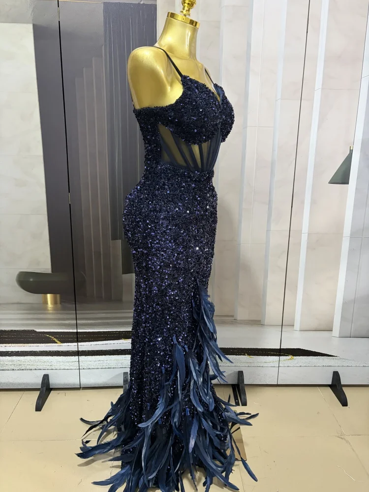High-Quality Summer Blue Strapless Sequin Lace-Panelled Long Feather Evening Gown Elegant Backless Party Dress for Women