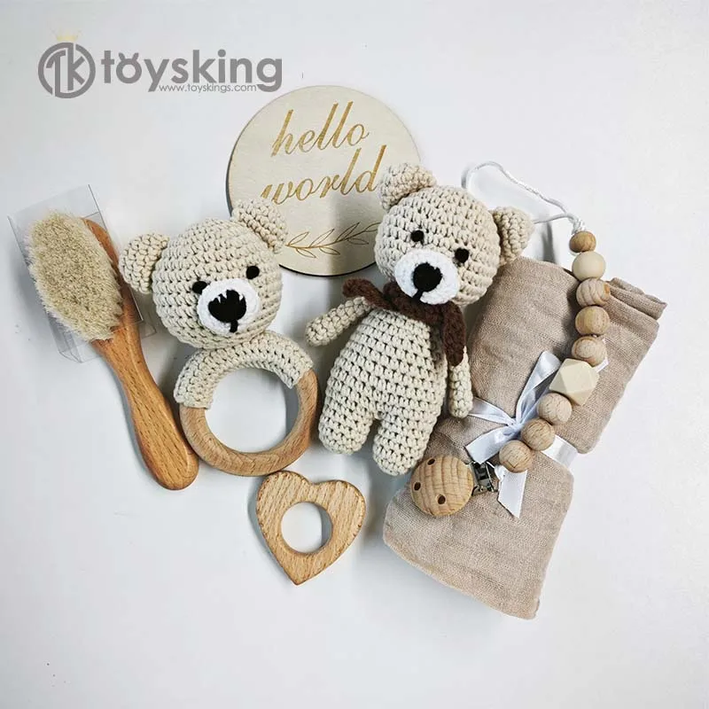 Handmade Crochet Bear Baby Rattle Doll Gift Box Biteable Plush Teether Crib Hanging Sensory Early Education Toy view 6