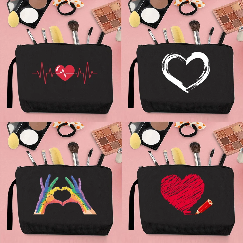 

Fashion Women's Cosmetic Bag Outdoor Storage Travel Love Pattern Series Toiletries Coin Purse Canvas Ladies with Rope Portable