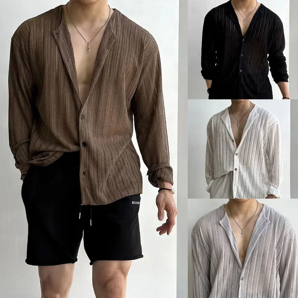 Large Size Men's Shirt V-neck Sexy Knitted Cardigan Solid Color Long Sleeve Hollow POLO Shirt Male Top