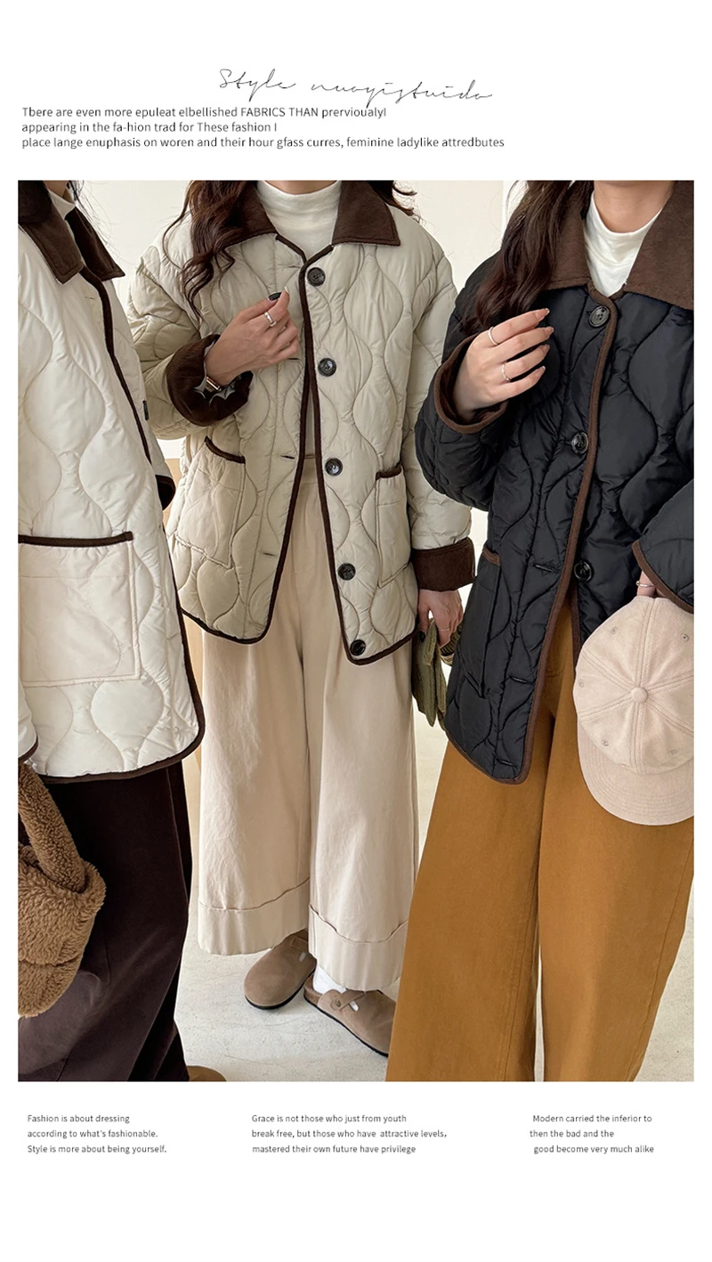 Autumn Down Cotton Padded Jacket Women's 2025 Contrast Lapel Rhombic Thin Short Loose Spring Cotton Padded Casual Coats Female