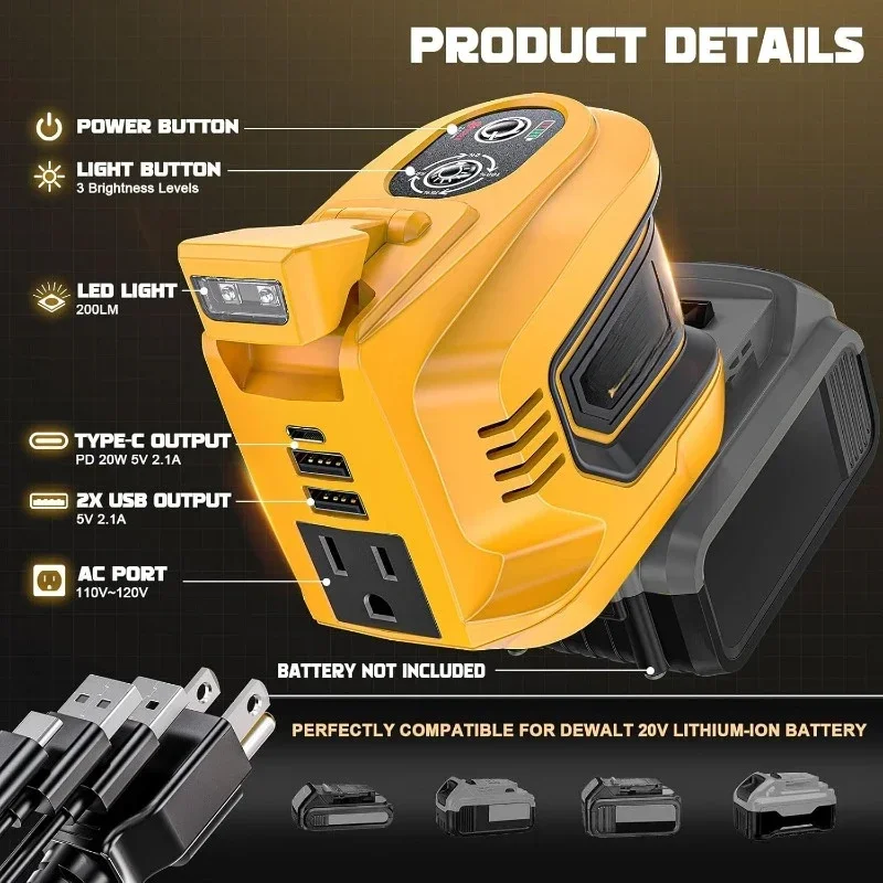 Onduleur pour batterie Dewalt 20V, 200W, DC 20V à AC 110-120V, Générateur de centrale électrique portable