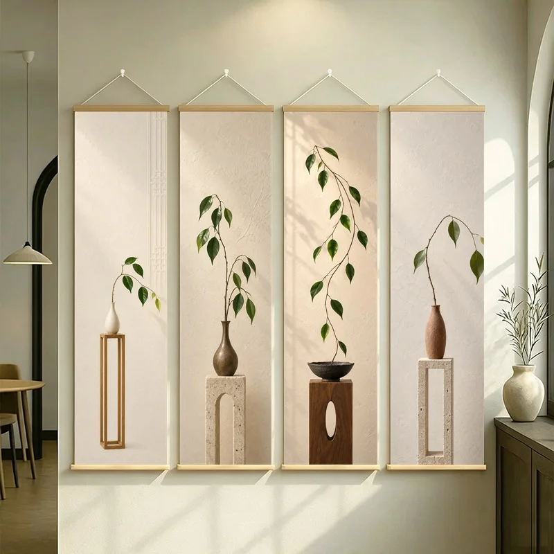 Botanical Wall Art 4-Panel Trailing Green Branch Vase Scroll Set on Beige Silver Shimmer Canvas for Serene Reading Nook Decor