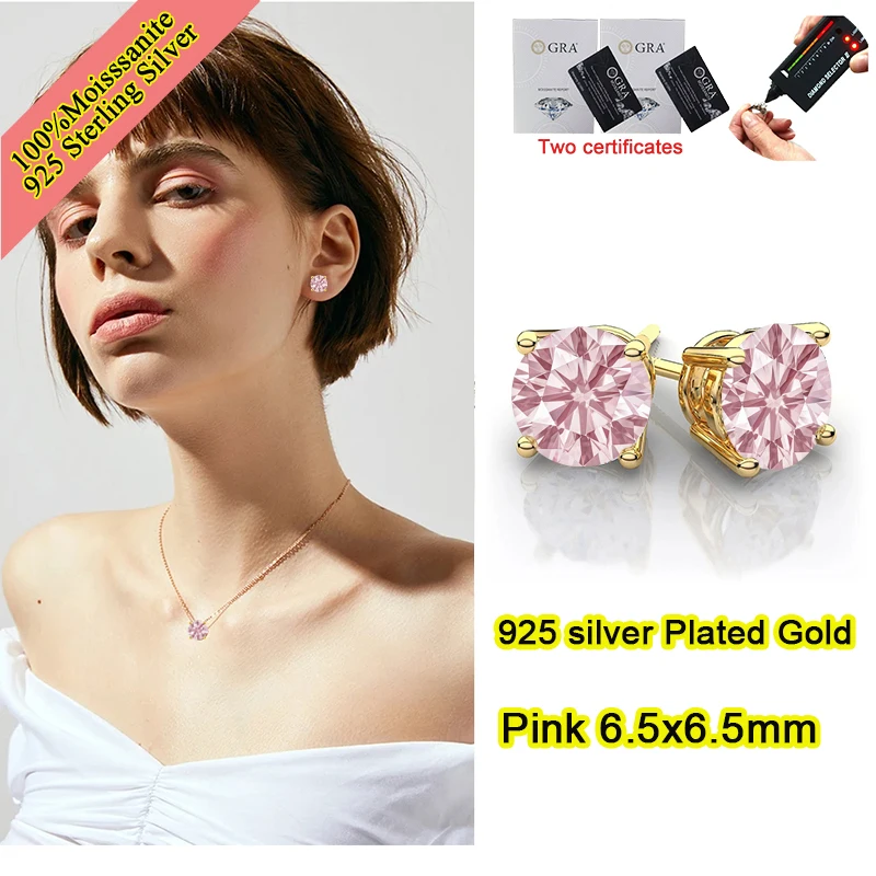 

Pink Color Brilliant Round Cut Lab Moissanite Diamond Stud Earrings for Women 925 Sterling Silver Gold Plated Wedding Jewelry