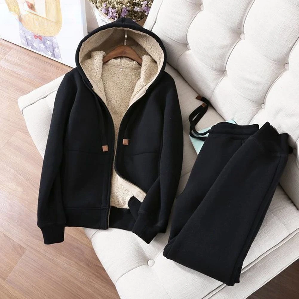 Women\'s Sweatshirt Pants Suit Long sleeve Fleece Thick Hoodie Coat Jogger Pants Two piece Set Autumn and Winter Warm Sportswear