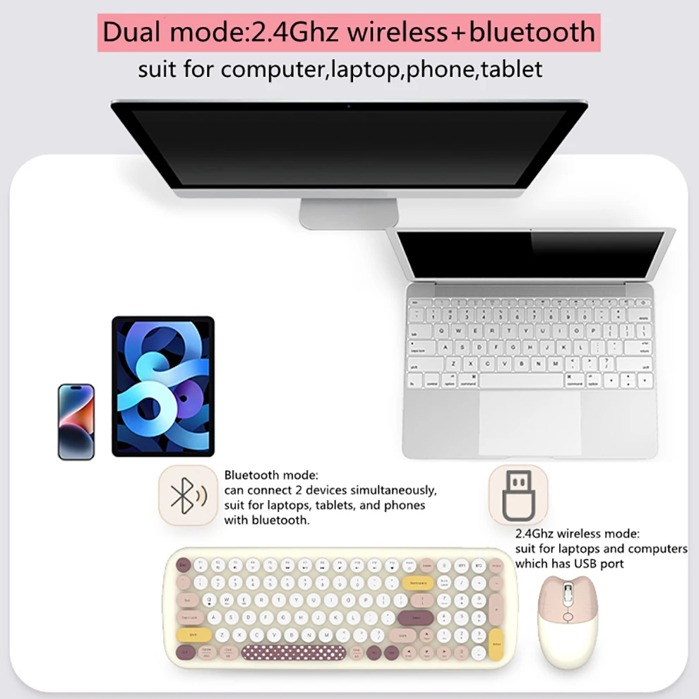 활 귀여운 무선 블루투스 키보드 마우스 세트, 원형 키캡, Dopamine, PC 노트북 휴대폰 태블릿 컴퓨터용, 2.4G