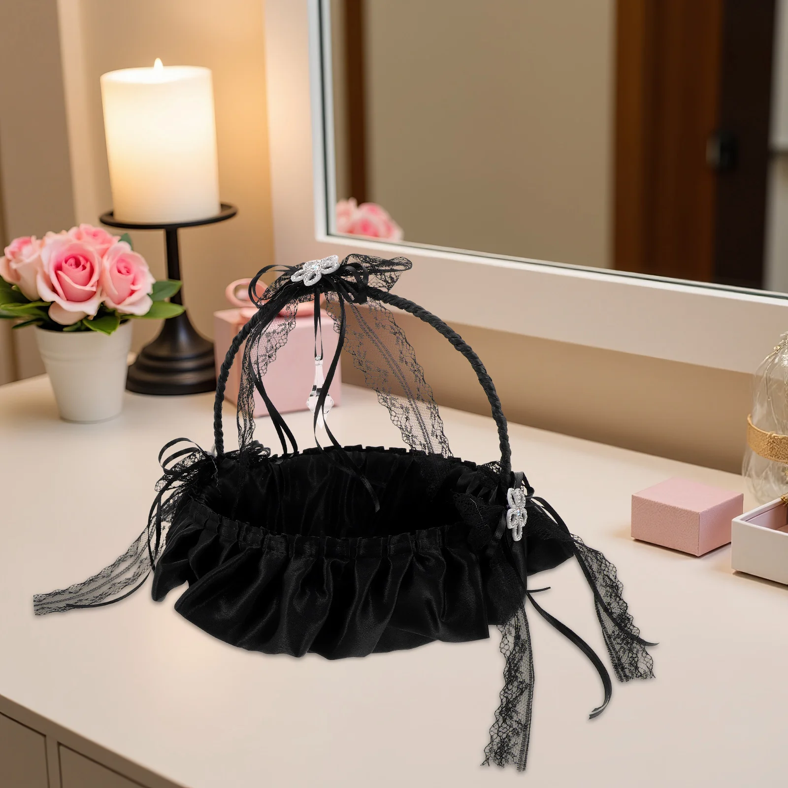 

Black Lace Flower Basket Elegant Wedding Bridal Floral Basket for Petals Garden Wedding Decor Storage Floral Baskets