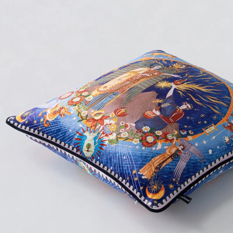 Medieval Mystical Zodiac Velvet Pillow Cover Retro Tarot God Character Floral Print Decorative Cushion for Sofa Bedroom Couch
