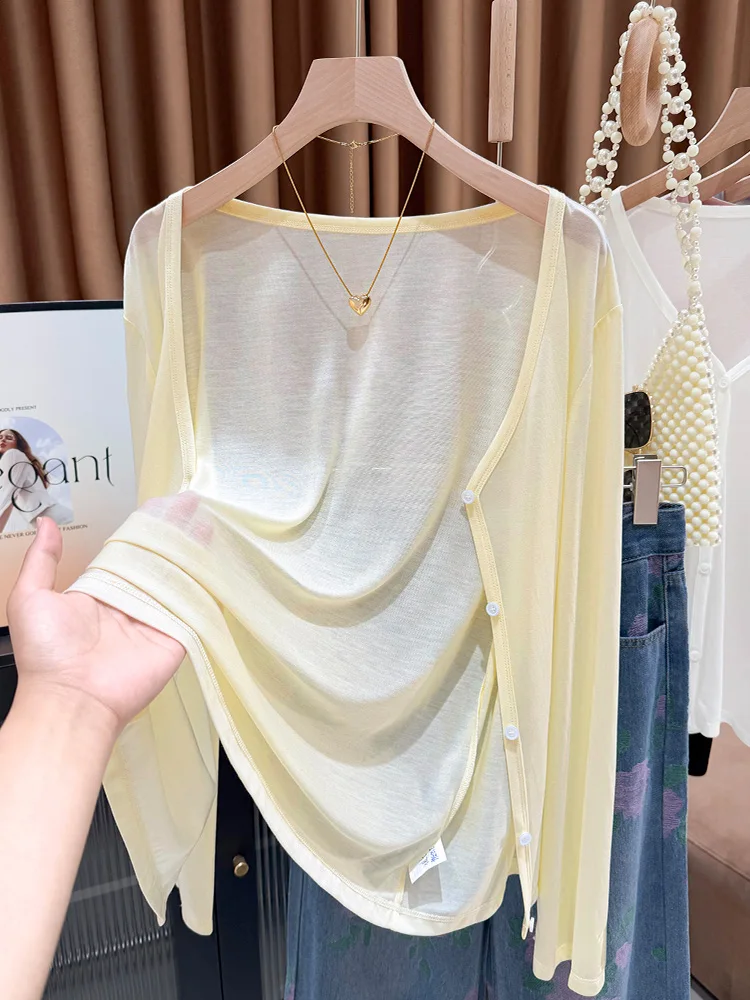 

Желтый вязаный кардиган из лиоцелла Dopane для защиты от солнца, женский летний тонкий красивый кардиган для джазовых танцев, накидка