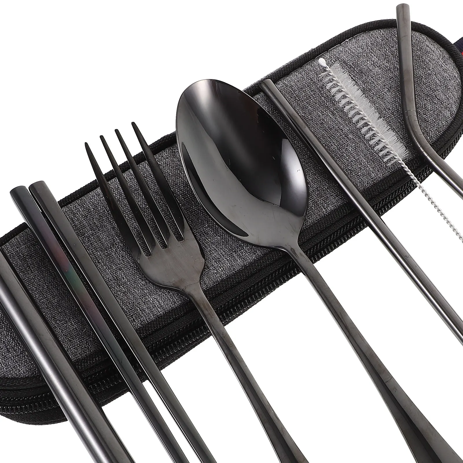 

1Set Stainless Steel Portable Tableware Set Fork Spoon Chopsticks Straw Cleaning Brush Travel Utensils Kit Outdoor Camping