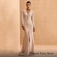 Vestido de noche árabe saud para mujer, vestido de fiesta de sirena con abertura frontal y botones de cristal, manga larga personalizado, cuello en V