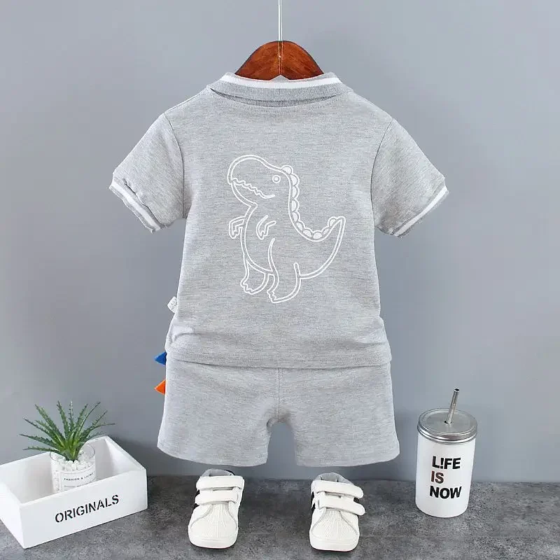 Summer Outfits for Baby Boys 9 to 12 Months Dinosaur Printed Turn-down Collar T-shirts Tops and Shorts 2PCS Infant Clothing Sets