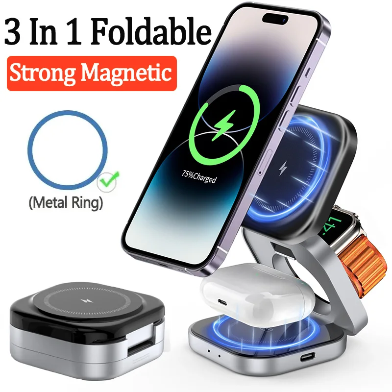 3 In 1 Foldable Magnetic Wireless Charger Stand For iPhone 15 14 13 Pro Max IWatch AirPods 3/2 Station Dock Fast Charging Holder