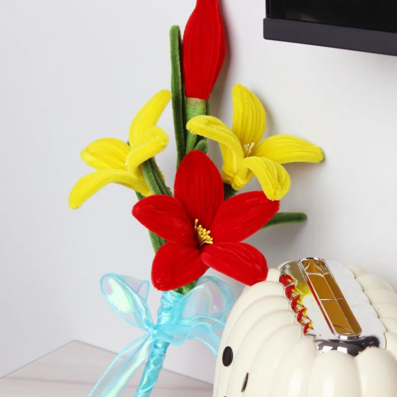 PIPE Yellow Red Lily flowers Bouquets Handmade Artificial Flower Christmas‘ Day Gifts For Mom Girlfriend Fake Flowers Home Decor