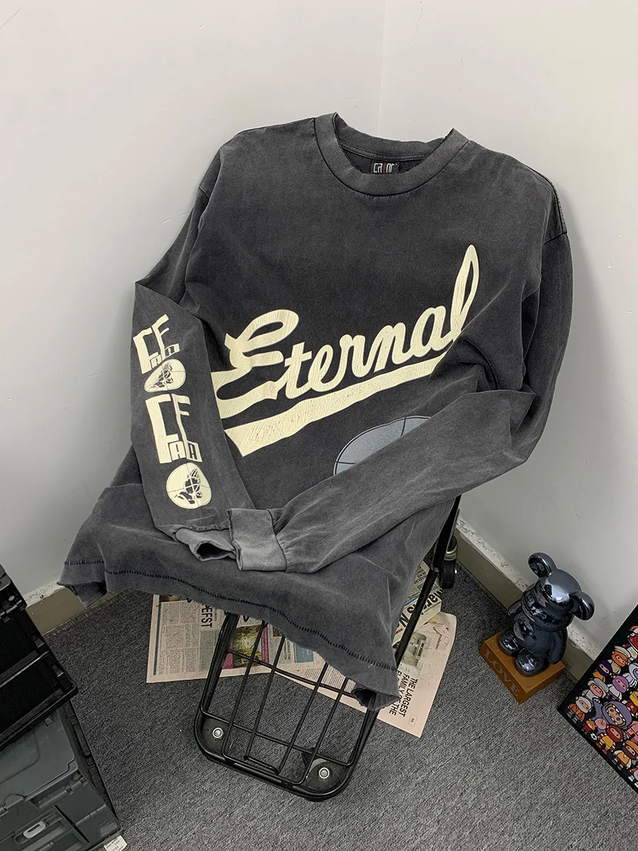 

Retro Washed Long Sleeve T-Shirt American Trend Print Letter Unisex Autumn Casual Fashion Breathable Cotton round Neck Top
