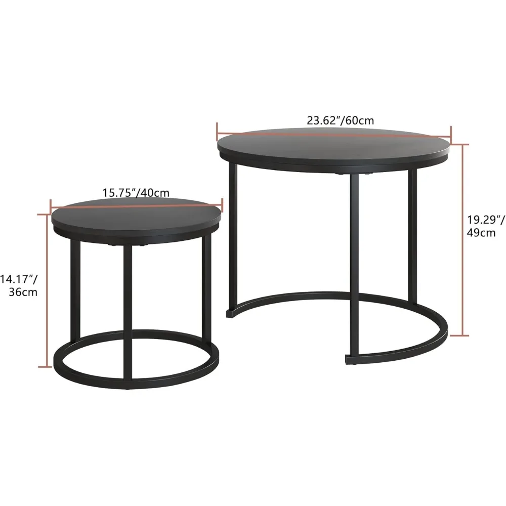 Modern Black Nesting Coffee Tables Set of 2, Round End Tables for Living Room, Farmhouse Style Wood Side Tables