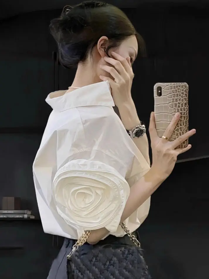 

White Shirt Women's 2025 New Summer Flower Short Sleeve Temperament Loose Collar Top