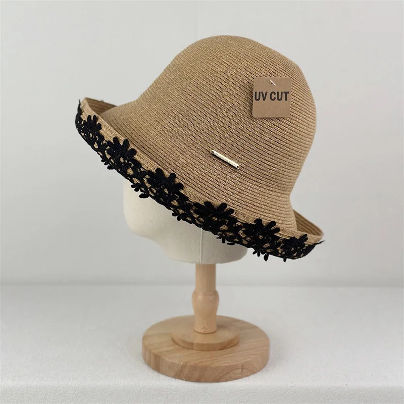 High Quality Foldable Woven Straw Bucket Hat for Women, Lace Wide Brim Sun Cap, Outdoor UV Protection Beach Hat
