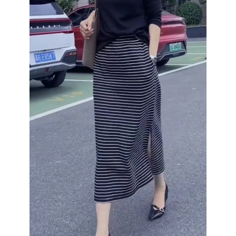 Black Striped Loose Long Skirt Women's 2025 New Fashionable Western Style Simple Versatile Straight Skirt