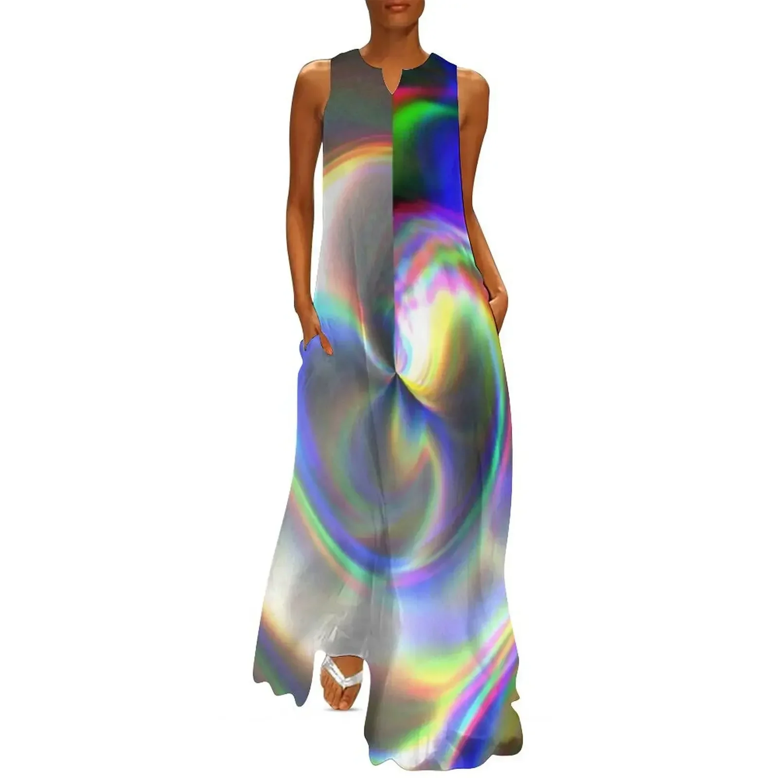 

Circular Hologram Glitch (Faux) Foil Textures Long Dress Women's summer suit long dress women Long dress