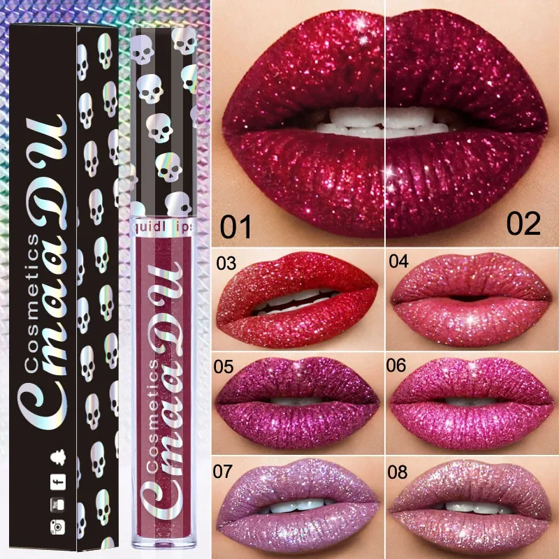 Laser Skull Diamond Liquid Lipstick Shiny Metallic Velvet Glitter Moisturizing Long Lasting Lip Gloss Makeup Lips Care Cosmetics