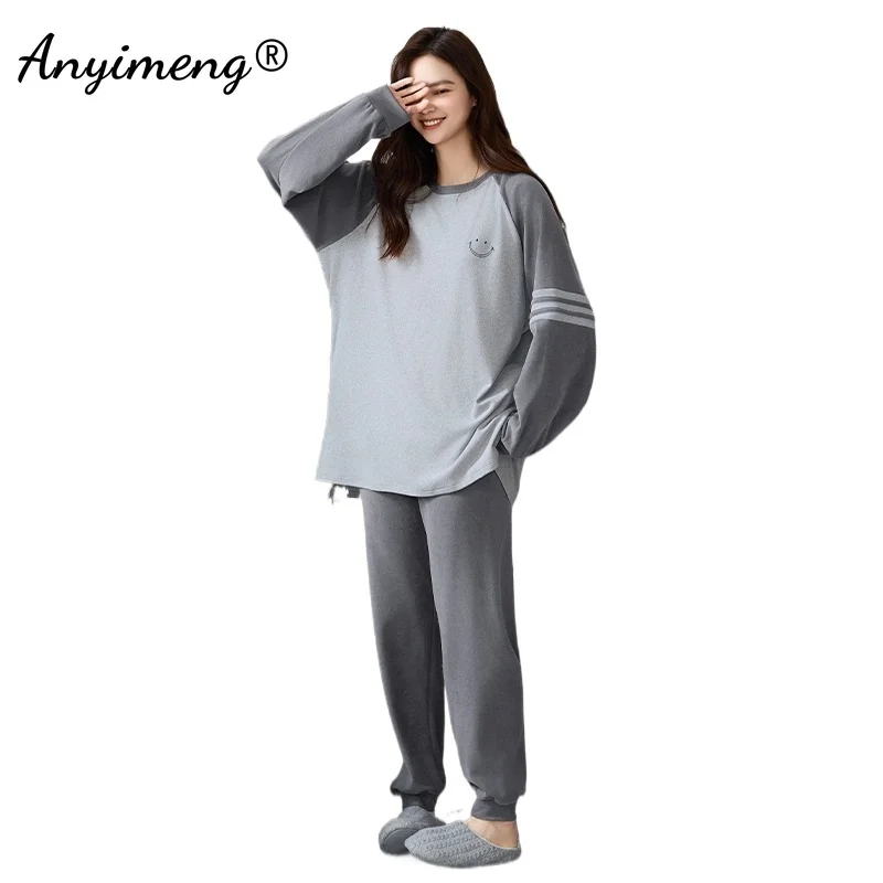 Winter DE Velvet Women Thermal Pajamas Set Long Top Casual Sleepwear for Girl Fashion Loungewear for Woman Chic Long Nightwear