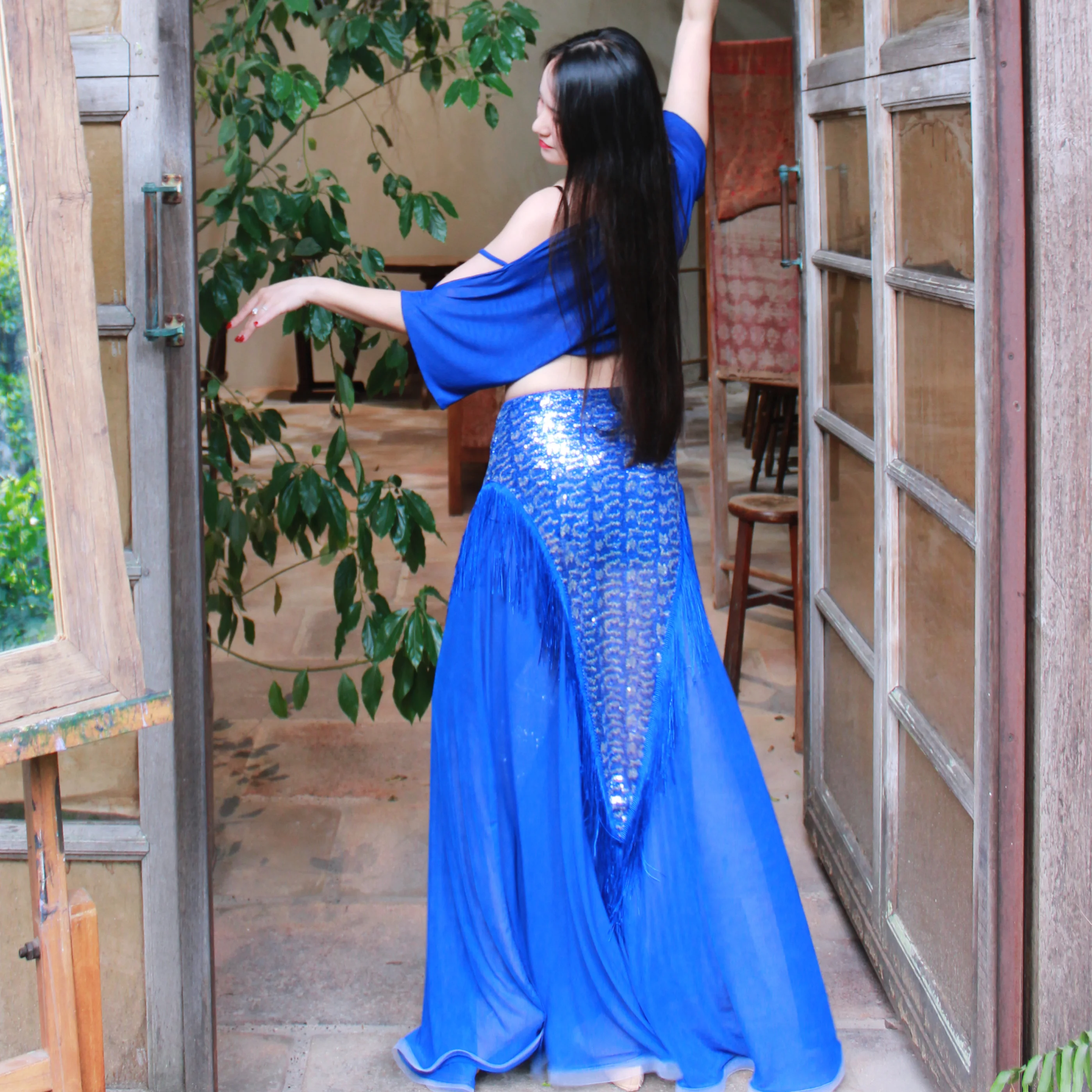 2025 BellyDance Costume Women's Off Shoulder Short Sleeve Top+Sexy sequin tassel Skirt Set Oriental Dance Performance Clothing