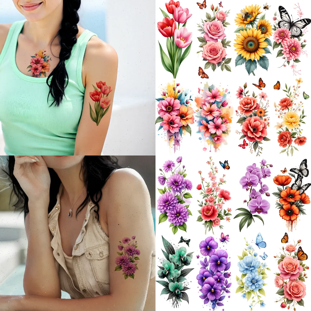 

12pcs Temporary Tattoo Butterfly Art Colorful Floral Designs Temporary Tattoo Stickers For Adult Arms Thighs