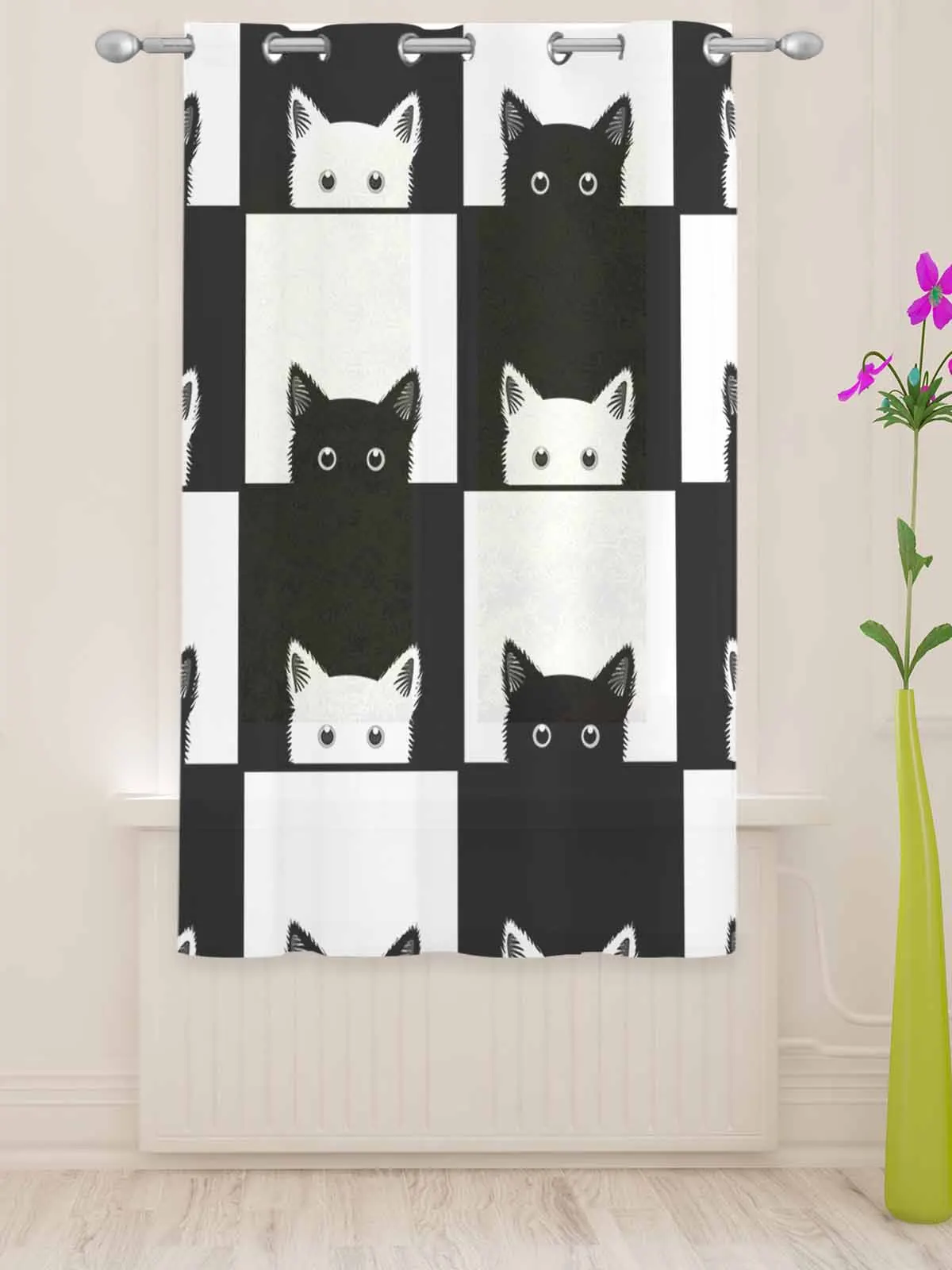 Geometic Black White Plaid Cat Sheer Curtains For Living Room Window Transparent Voile Tulle Curtain Cortinas Drapes Home Decor