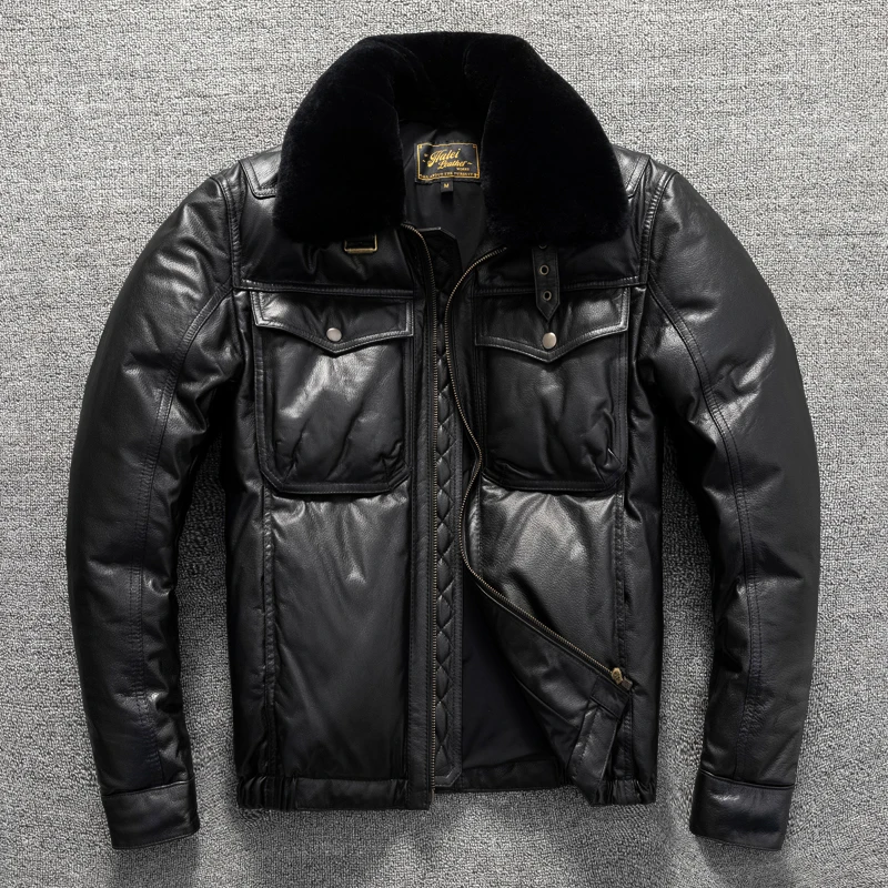 

First-layer cowhide leather down jacket, large size, men's windproof and warm,simple and slim-fitting winter jacket, fashionable