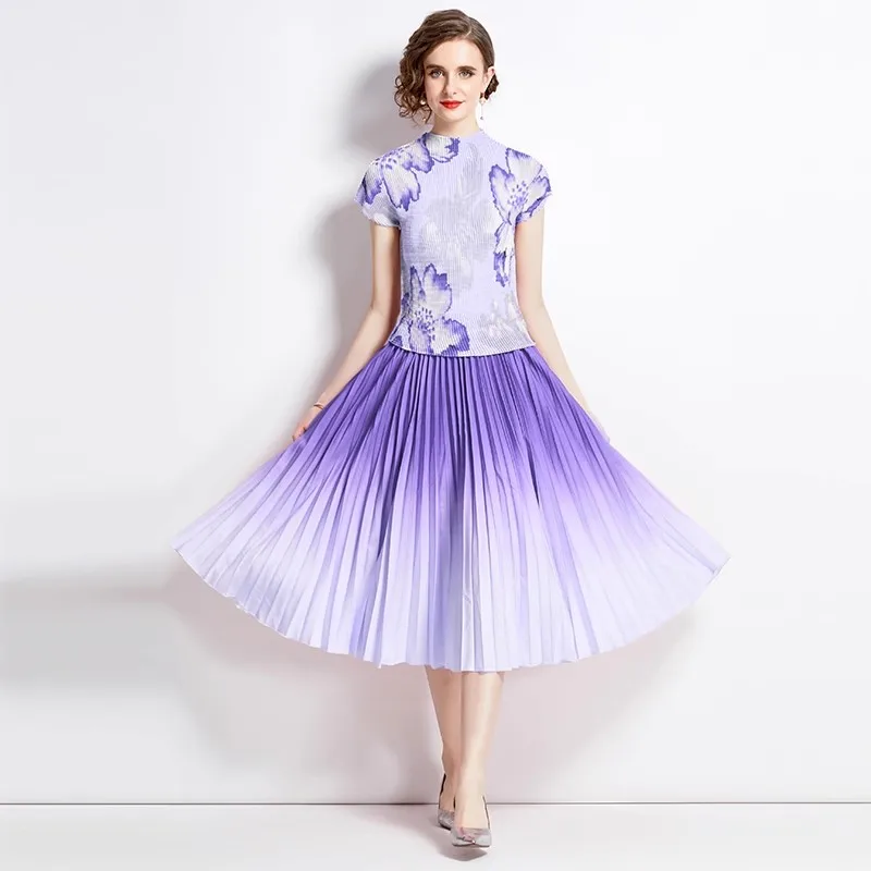 New Runway Miyake Summer 2 Piece Set Elegant Women Purple Flower Print High Waist T-shirt + Gradient Pleated Midi Skirts Suits