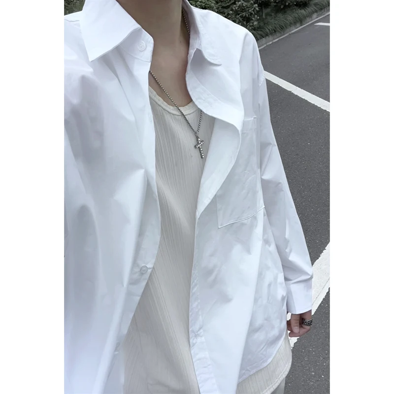 100% Cotton Autumn New Men's Shirts OverSized Plain Color Long Sleeve Mens Casual Shirt Loose All Match Man Clothing Black/White
