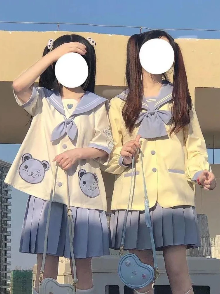 KOSAHIKI Japanese School Uniform Suit Sailor JK Cartoon Bear Navy Blouse Skirts Sets Women Kawaii Summer 2 Piece Outfit