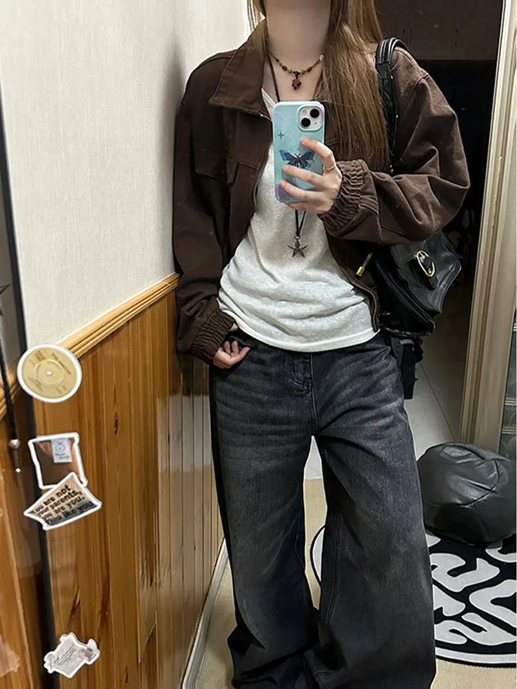 Retro Brown ort Denim Jaet Damen Frühling Herbst Lose High Street Kleine Größe Jaet Top Pendeln Sle Reißverschluss