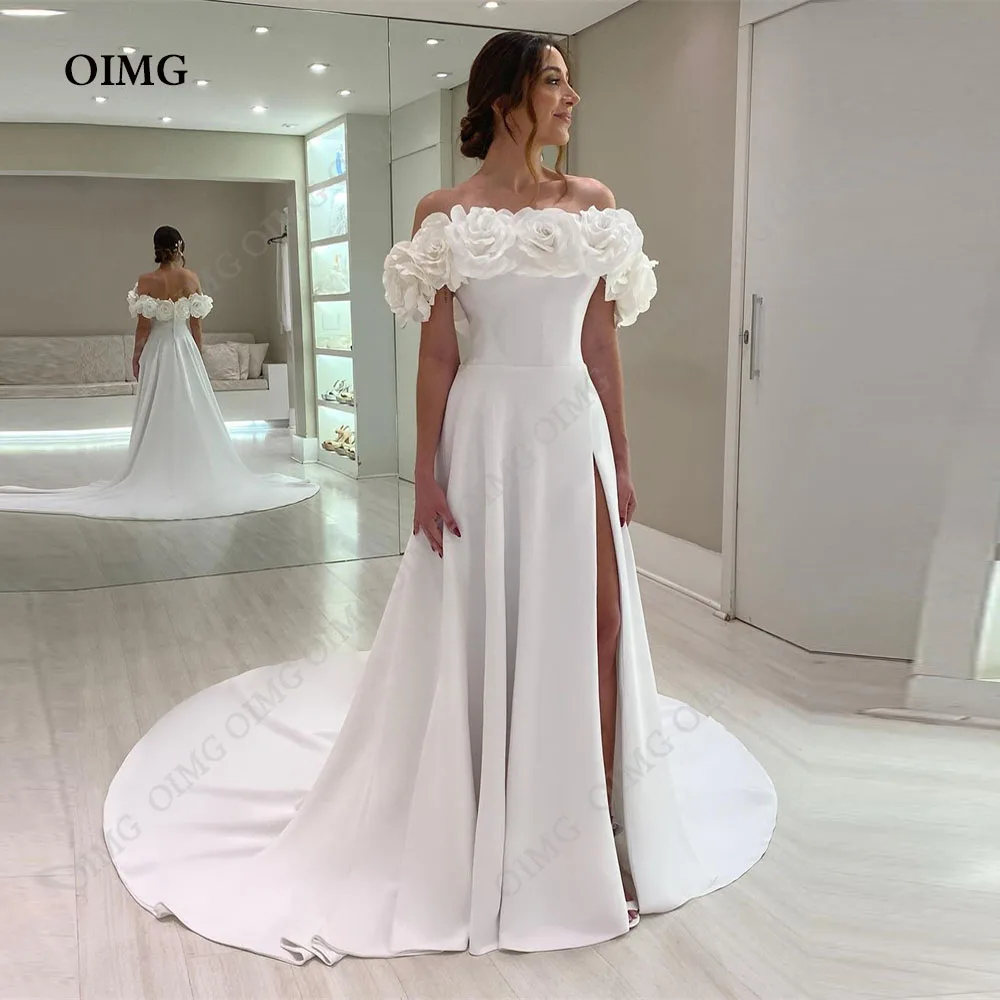 

OIMG 2024 New Design Satin A Line Off Shoulder Wedding Dresses 3D Flowers Strapless Side Slit Bridal Gowns Vestido de noiva