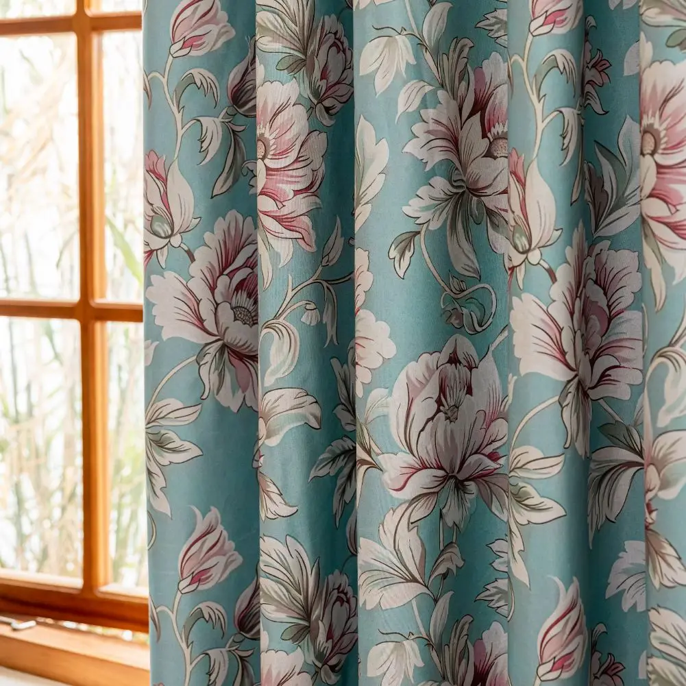 1 قطعة الستائر الرجعية لغرفة النوم غرفة المعيشة 100% التعتيم البلد الأمريكي نمط الستائر الأزرق خلفية الوردي زهرة ديكور المنزل