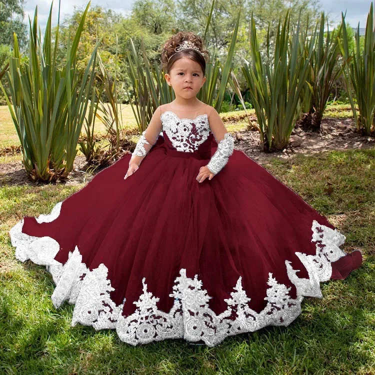 Full Sleeve Floor Length Elegant Girl Kids Birthday Party Communion Party Gown Lace Appliques Flower Girl Dresses for Wedding