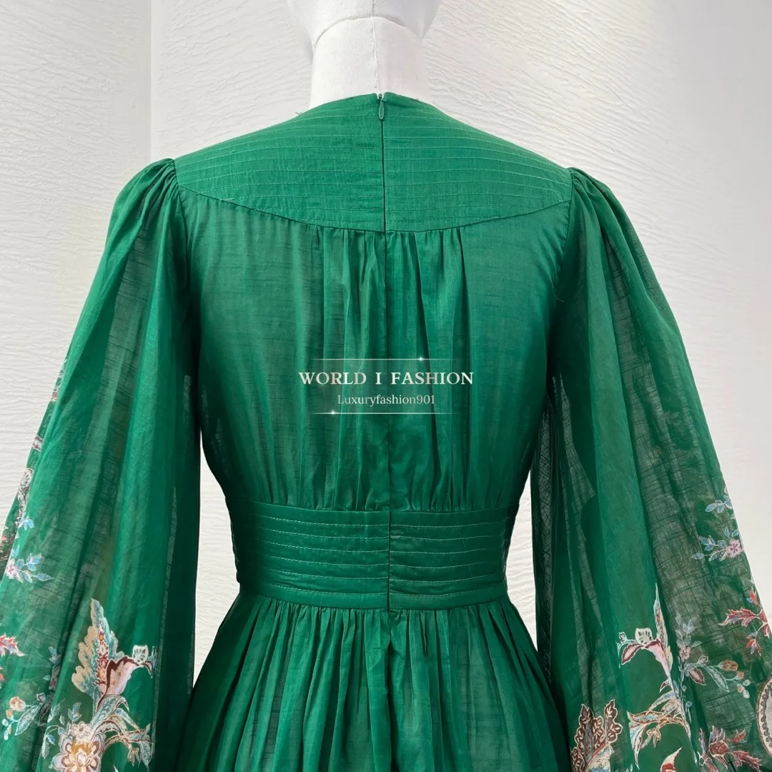 High Quality Long Sleeve Dark Green Floral Print V Neck Midi Dress