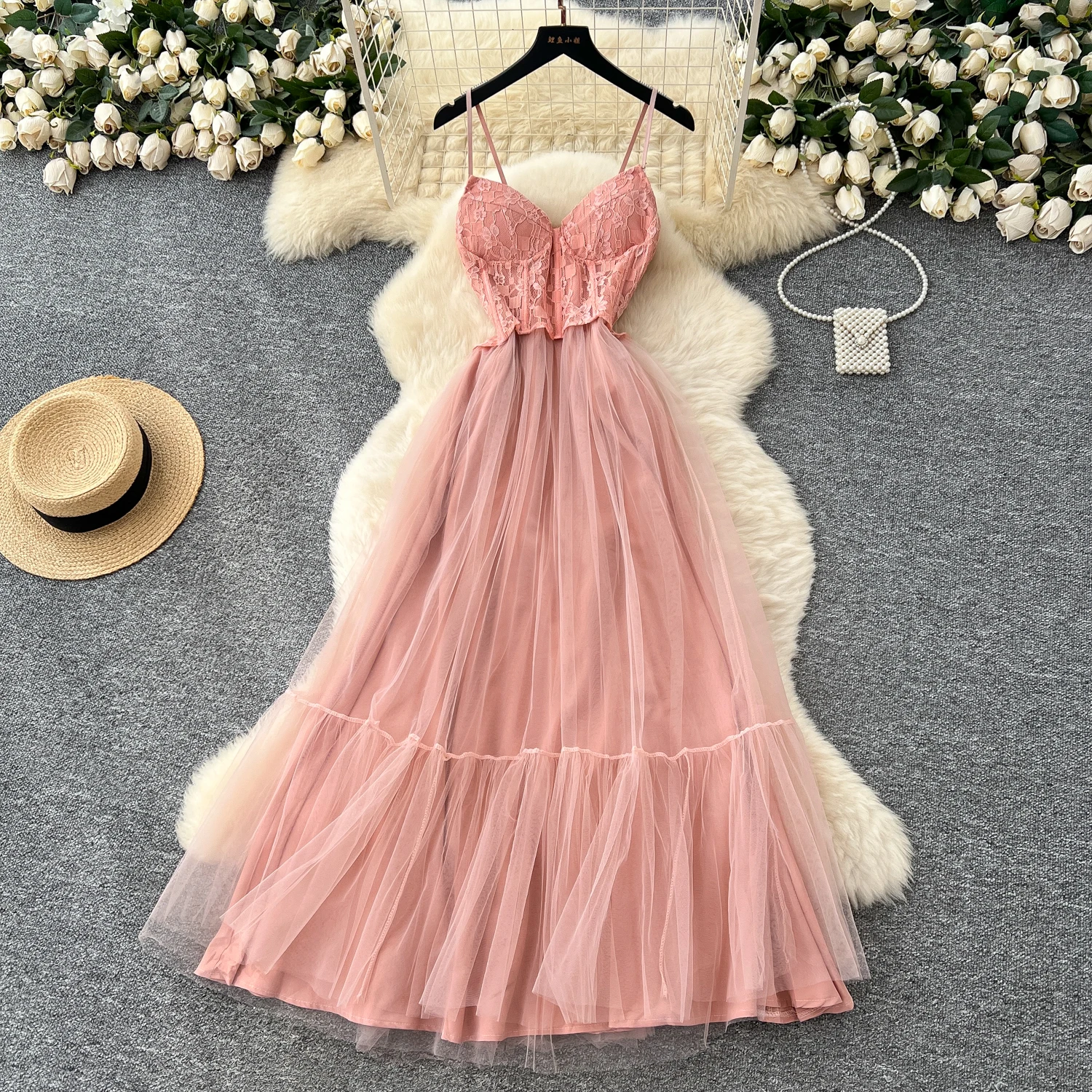 シックなヴィンテージノースリーブメッシュエレガントな妖精韓国ファッション自由奔放に生きるサンドレス女性服ロングドレス