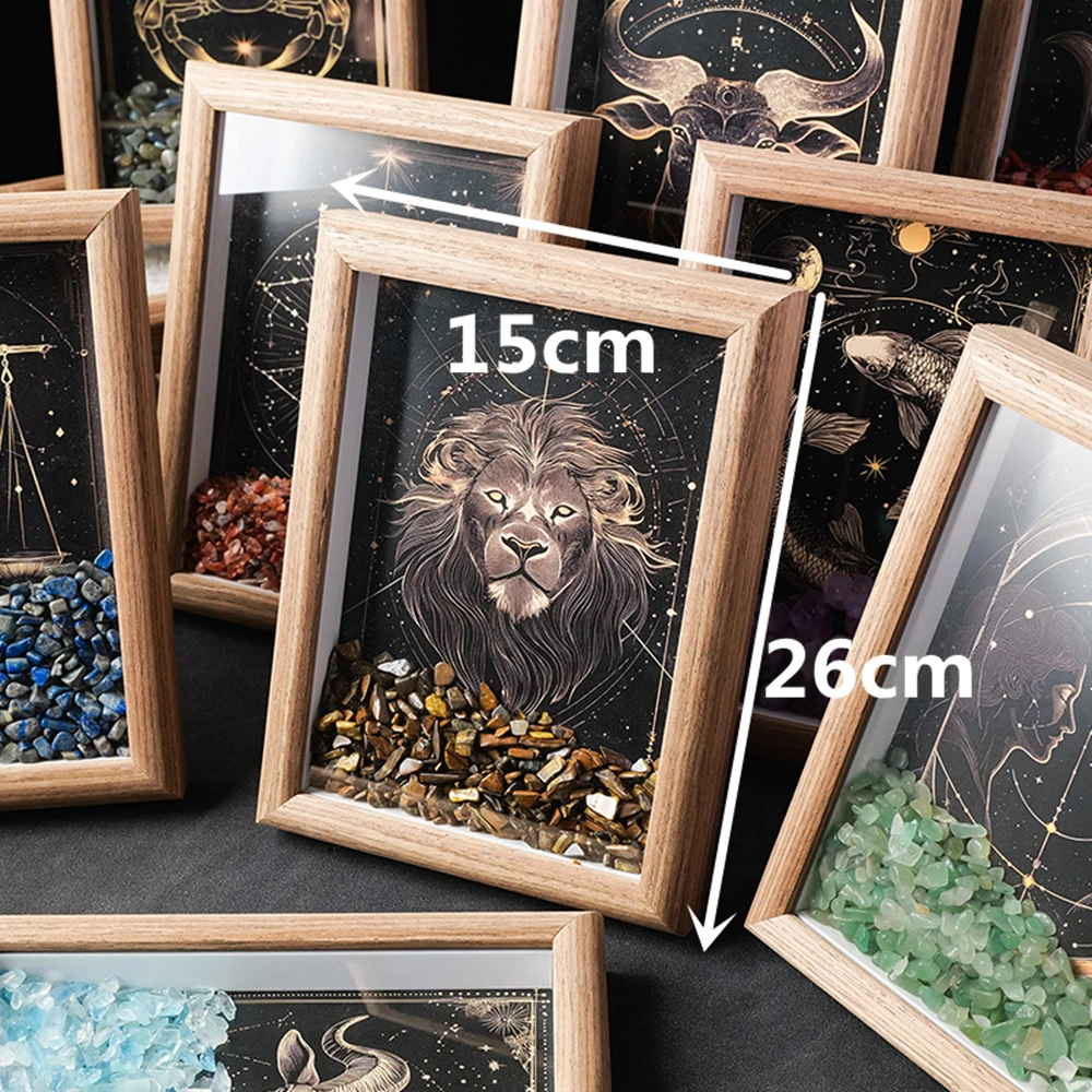 

Natural Healing Crystal Stone Zodiac Wooden Photo Frame Constellation Desktop Ornament Astrology Home Decoration Birthday Gif