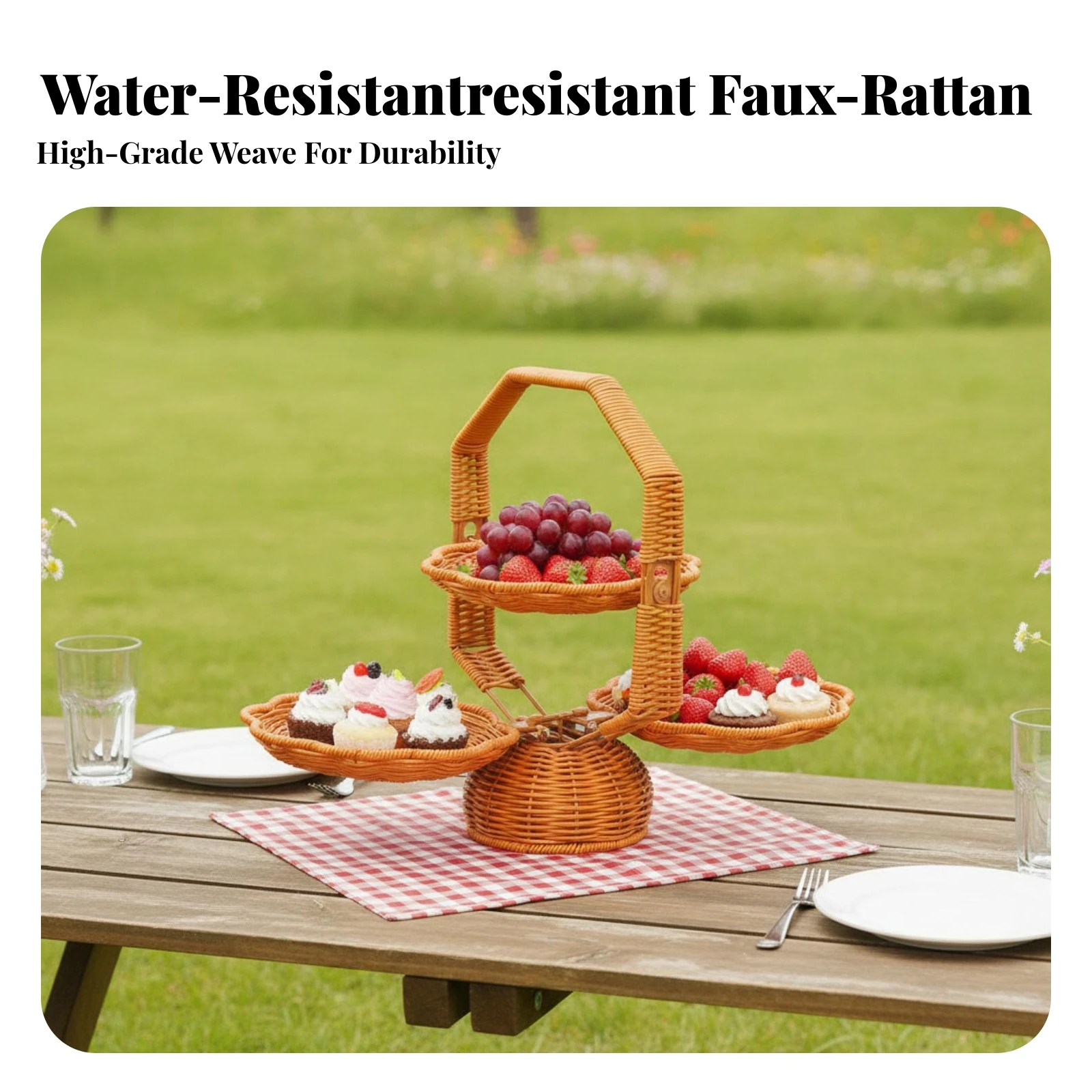 Fruit Basket Stand Foldable Tiered Basket with Handle Tiered Fruit Bowl Woven Platter Multifunctional for Hosts, Kitchen Counter