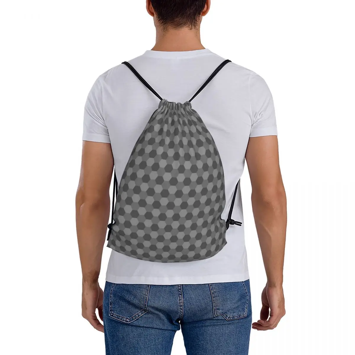 Hexagon Gray Pattern Backpacks Portable Drawstring Bags Drawstring Bundle Pocket Sports Bag Book Bags For Travel Students