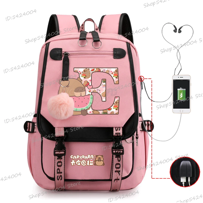 Capybara Alphabet A-Z Backpack Student Girls School Bags High Quality Women Laptop Backpack Teen Outdoor Travel Bagpack Mochila