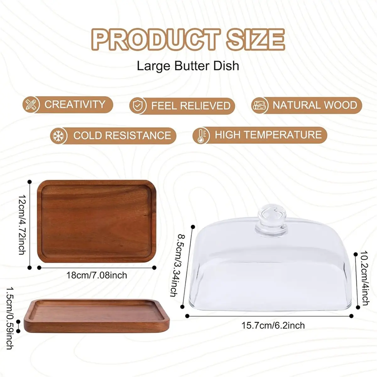 A67T NEW Glass Butter Dish with Wood Lid Clear Domed Cheese Dish Clear Domed Cheese Dish Butter Tray for Table, Countertop