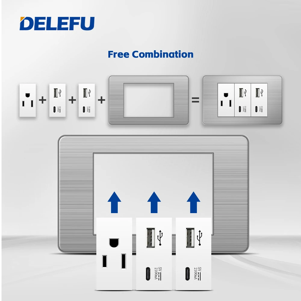 DELEFU-Tipo C Tomada Americana, Tomada, Painel de Aço Inoxidável Branco, Padrão México, Interruptor de Luz, Carregamento Rápido, 118x72mm